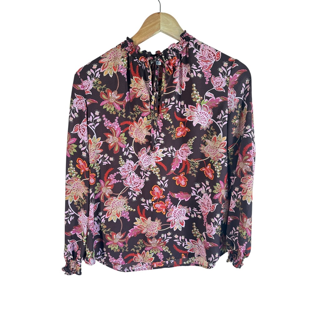 Nanette Lepore Floral Blouse Brown Pink Ruffle Neck Boho Preppy Small‎ Work